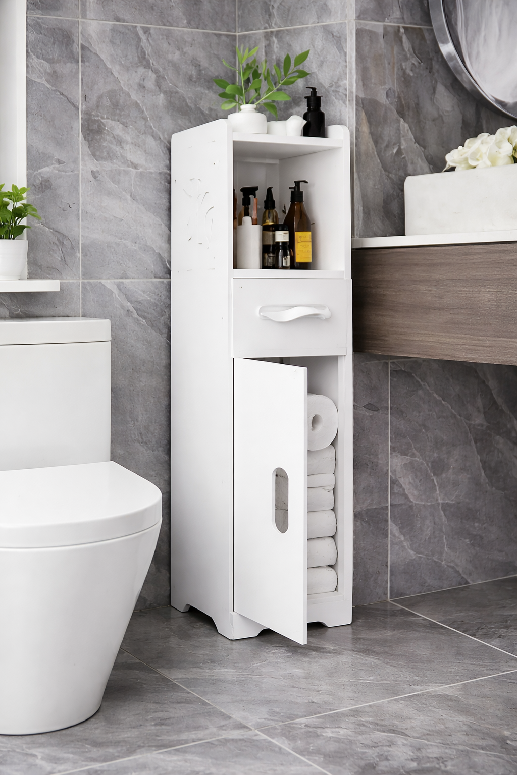 Uski kupatilski ormarić sa fiokom – organizacija i stil u jednom