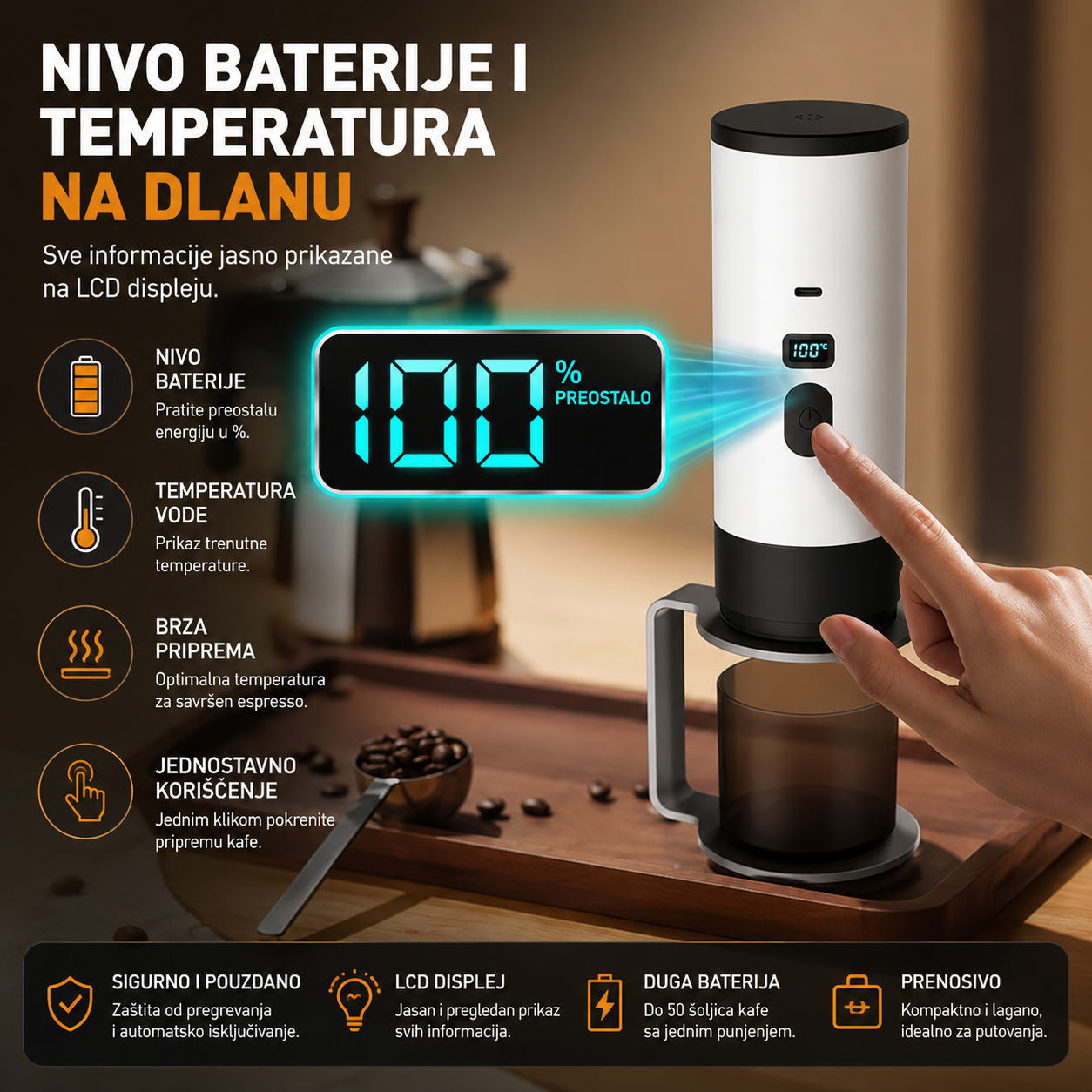 3u1 prenosiva espresso mašina sa LCD displejom, kompatibilna sa Nespresso i Dolce Gusto kapsulama kao i mlevenom kafom, idealna za auto, kampovanje, putovanja i kancelariju.