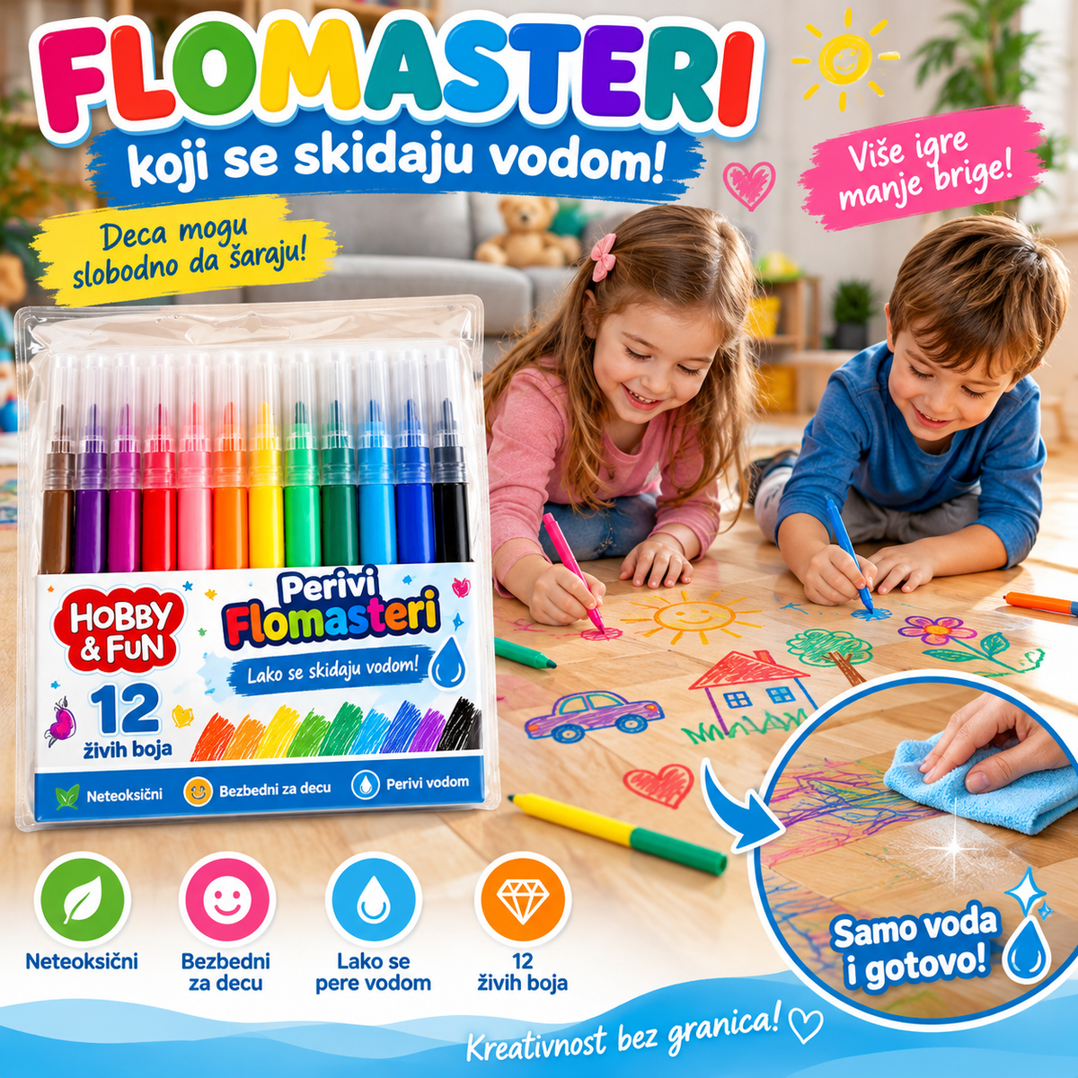 Flomasteri koji se skidaju vodom (12 Komada)