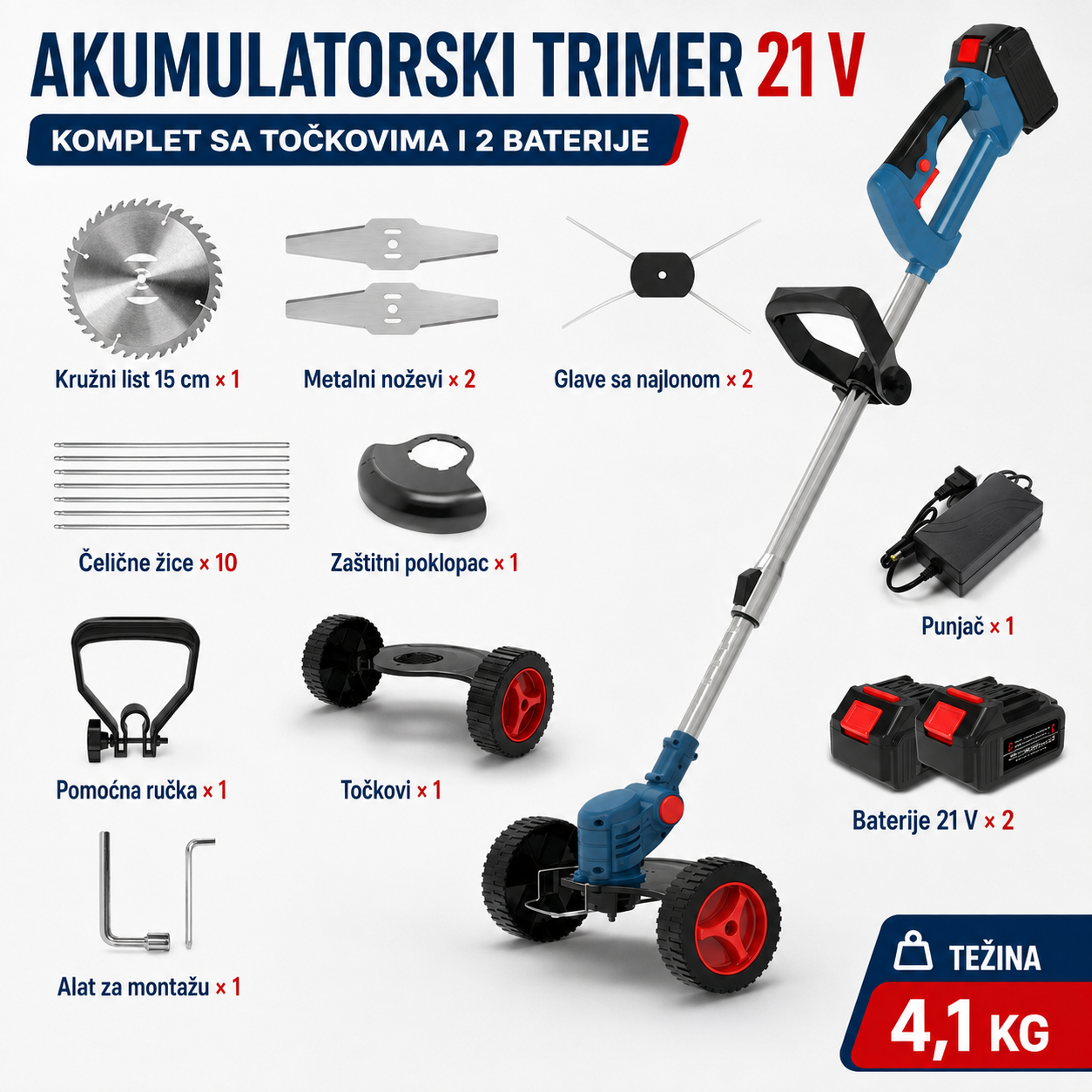 Aku Trimer sa 2 baterije + Točkovi + Set alata