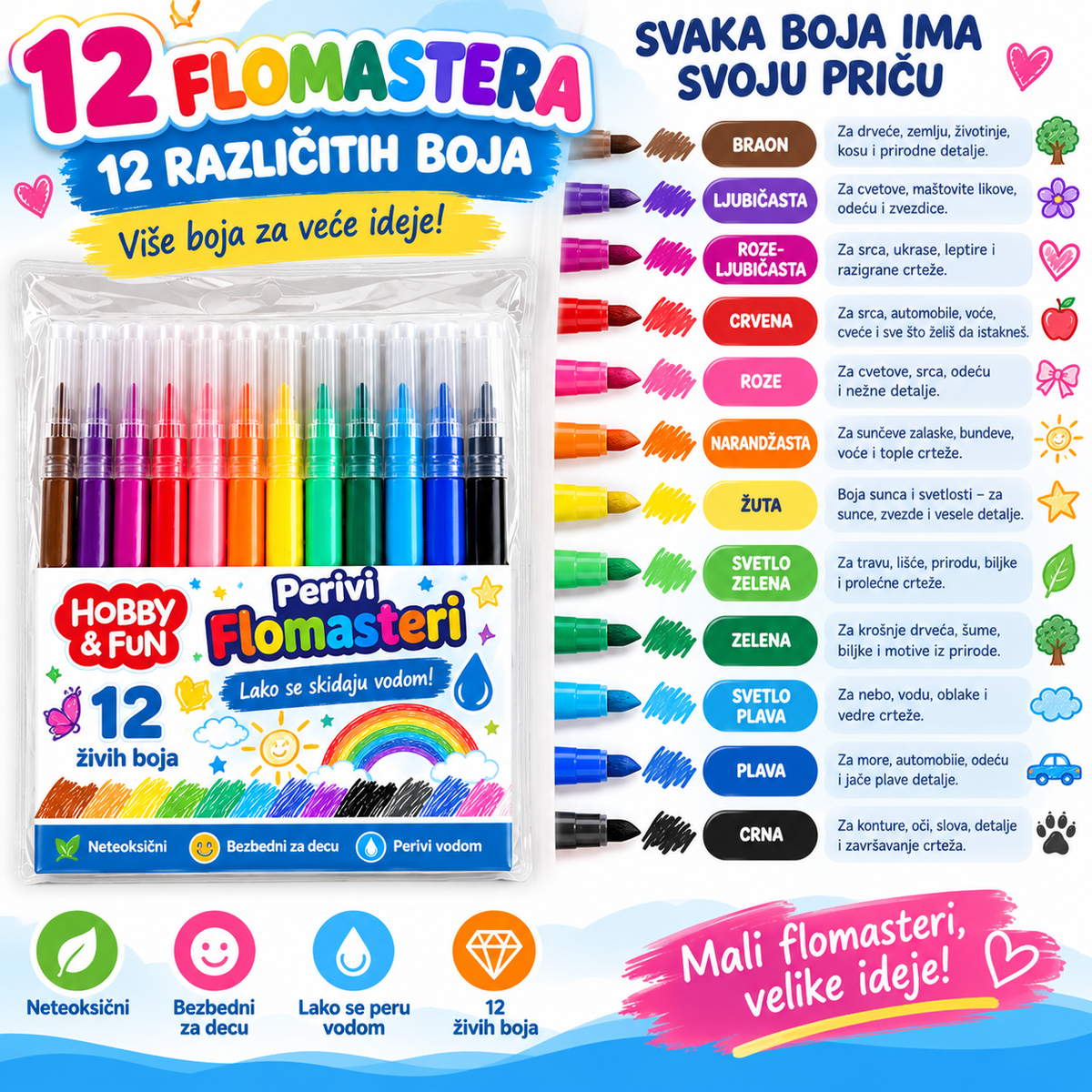 Flomasteri koji se skidaju vodom (12 Komada)