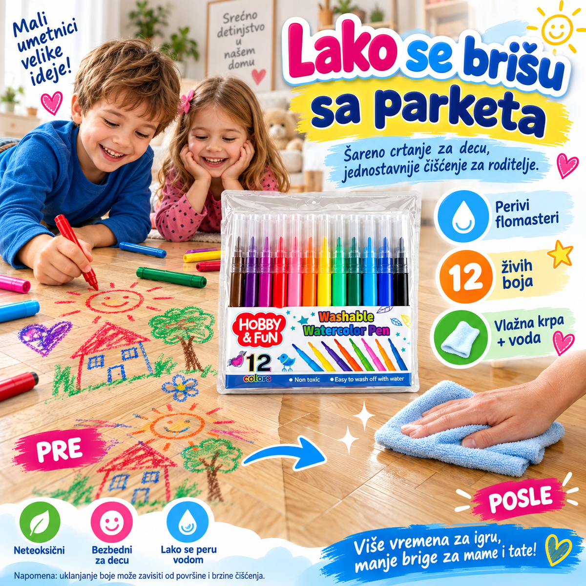 Flomasteri koji se skidaju vodom (12 Komada)