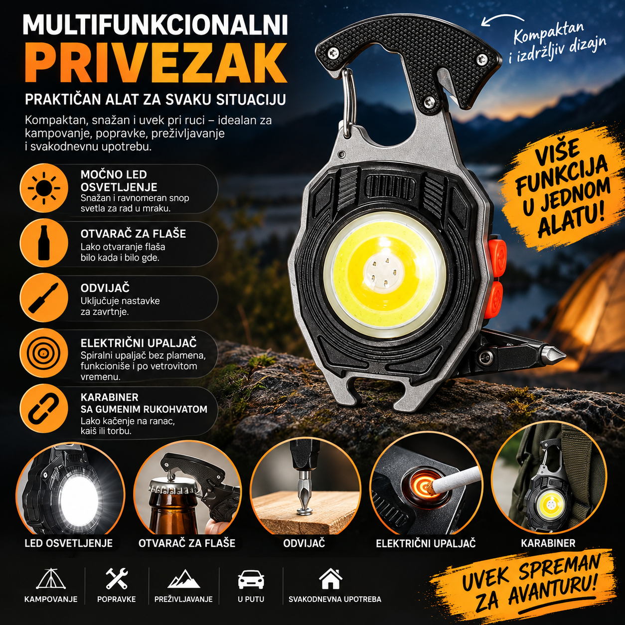 Multifunkcionalna mini COB LED lampa prikazana iz više uglova, sa otvaračem za flaše, odvijačem, električnim upaljačem i dodatnom funkcijom za hitne situacije.