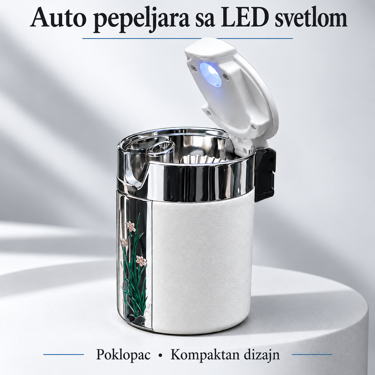 Bela auto pepeljara sa hromiranim detaljima, poklopcem i plavim LED osvetljenjem.