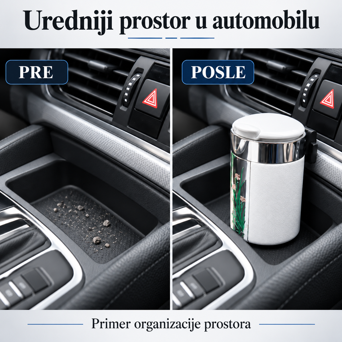 Ilustracija urednijeg prostora u automobilu sa auto pepeljarom.