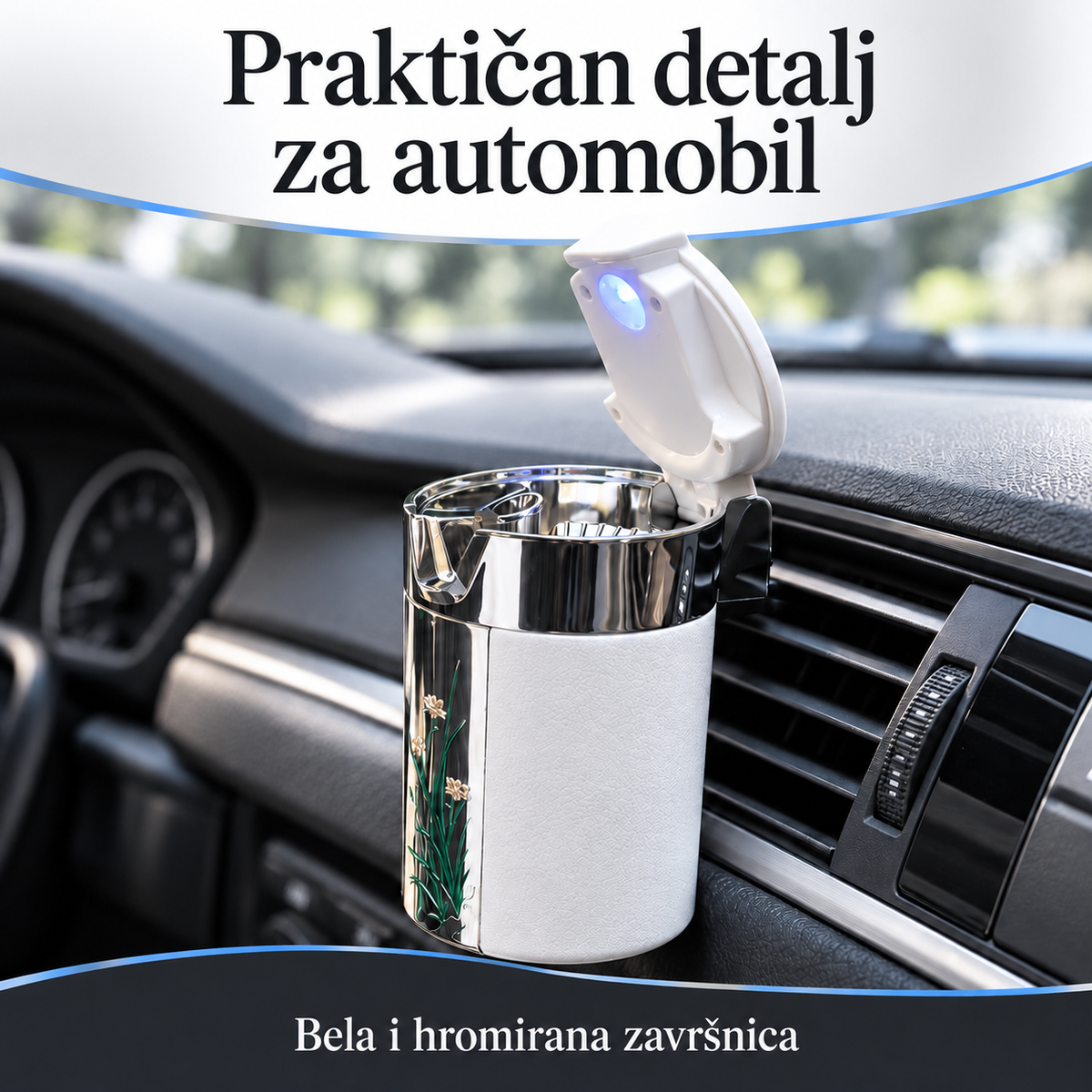 Bela auto pepeljara sa poklopcem postavljena uz ventilacioni otvor automobila.