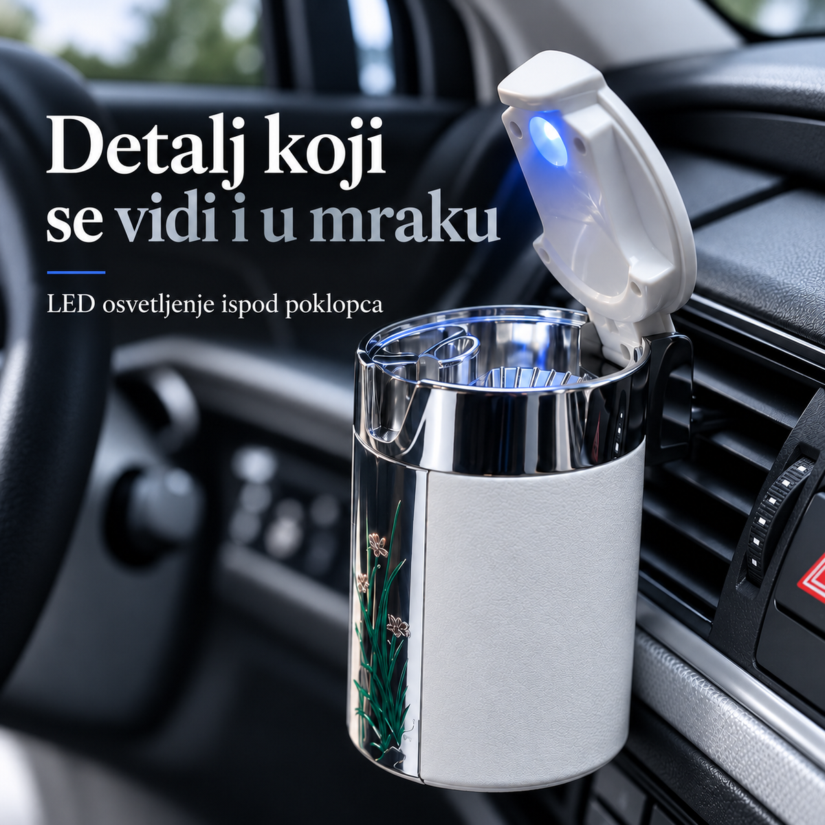 Detalj plavog LED osvetljenja ispod otvorenog poklopca auto pepeljare.