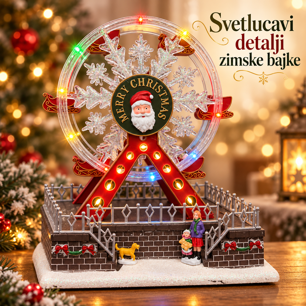 Detalji osvetljenog točka, prazničnih gondola, figurica i snežnog postolja