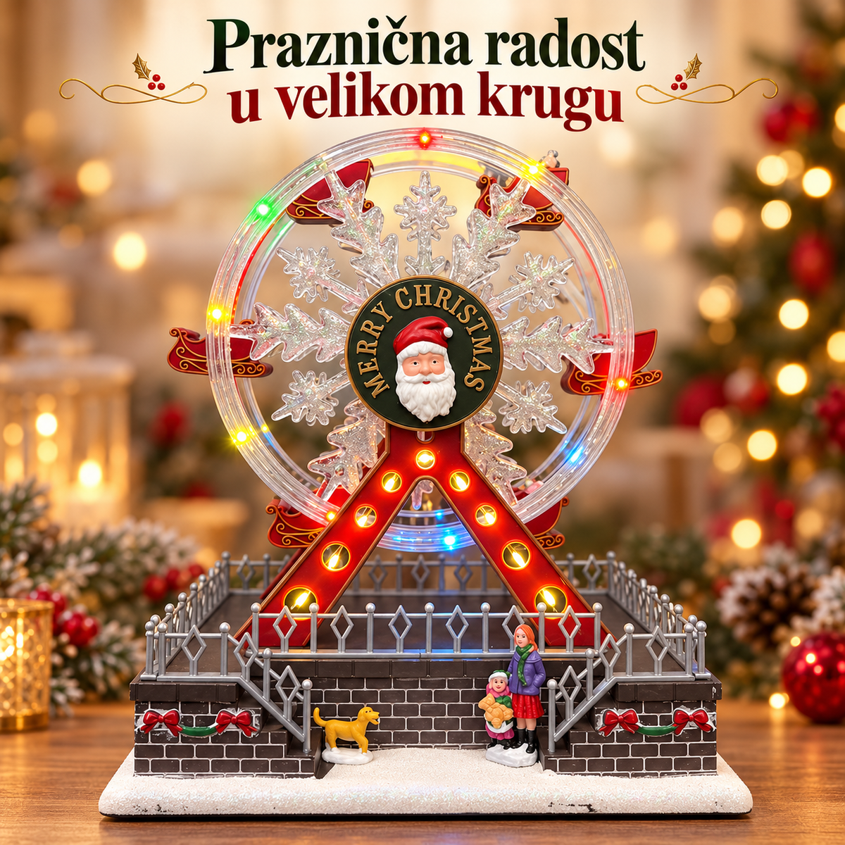Novogodišnji svetleći panoramski točak sa Deda Mrazom, pahuljicom i crvenim sankama