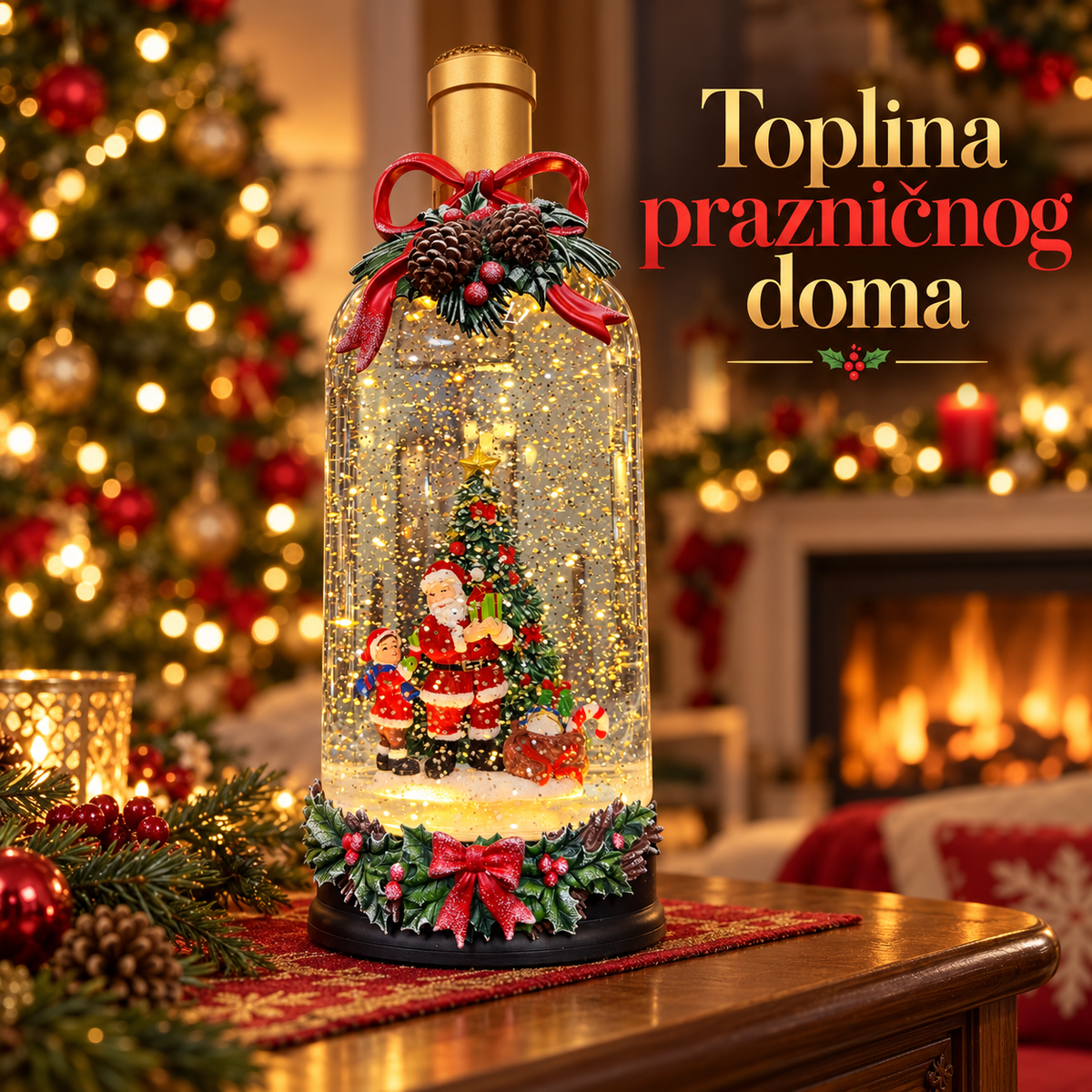 Novogodišnja ukrasna boca uz jelku i topli kamin