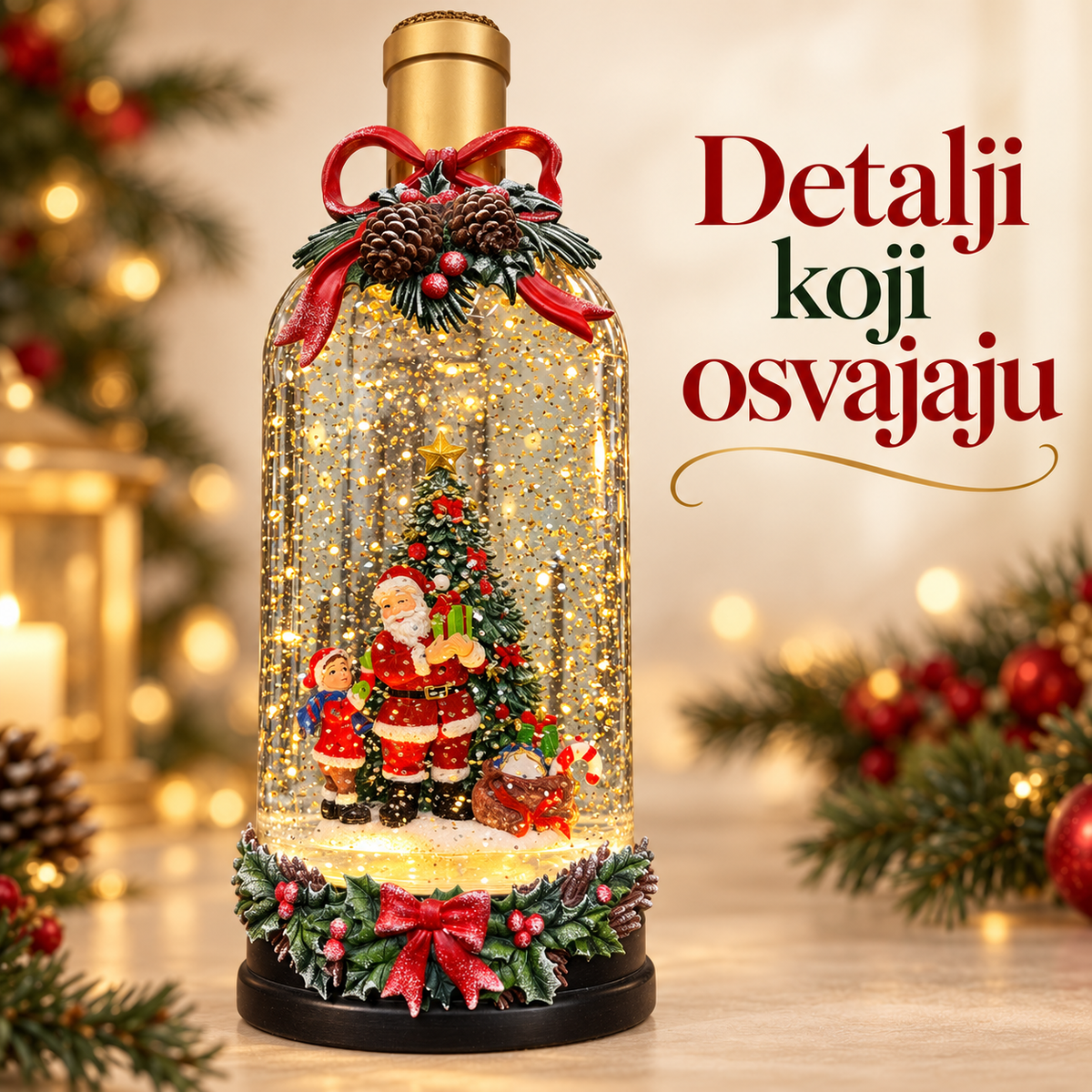 Detalj Deda Mraza i praznične scene u svetlucavoj boci
