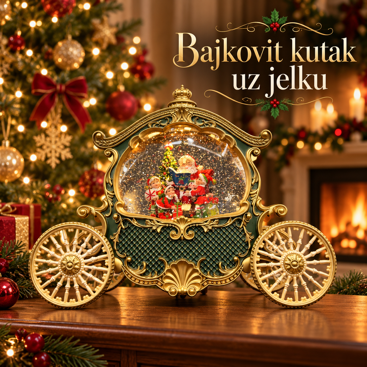 Zeleno-zlatna kočija u bajkovitom ambijentu uz jelku i kamin