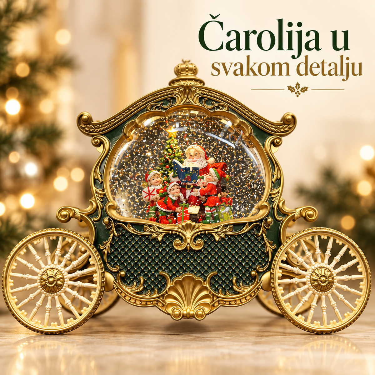 Detalji zlatnih ornamenata i prazničnih figurica u kočiji