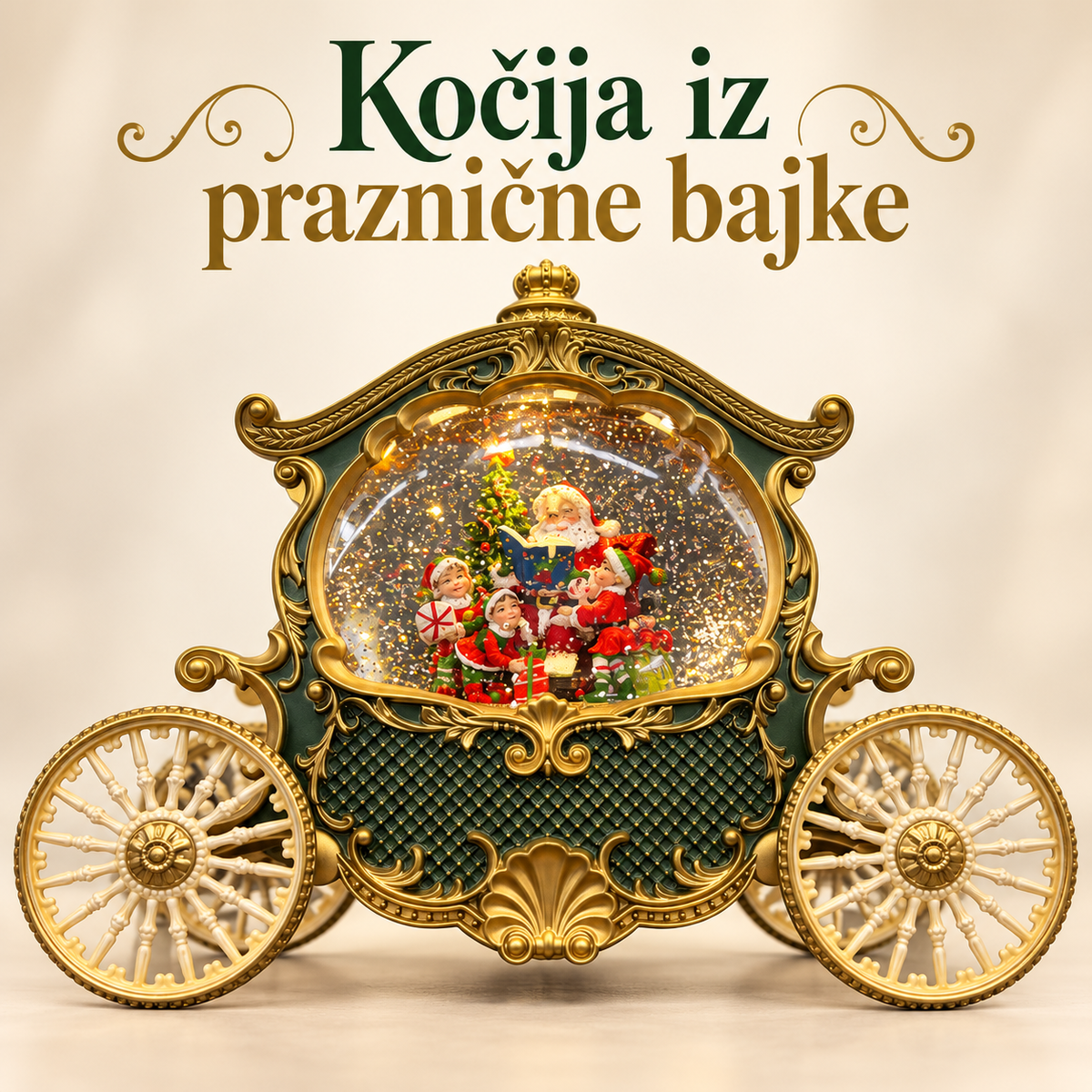 Zeleno-zlatna novogodišnja kočija sa Deda Mrazom i ukrasnim točkovima