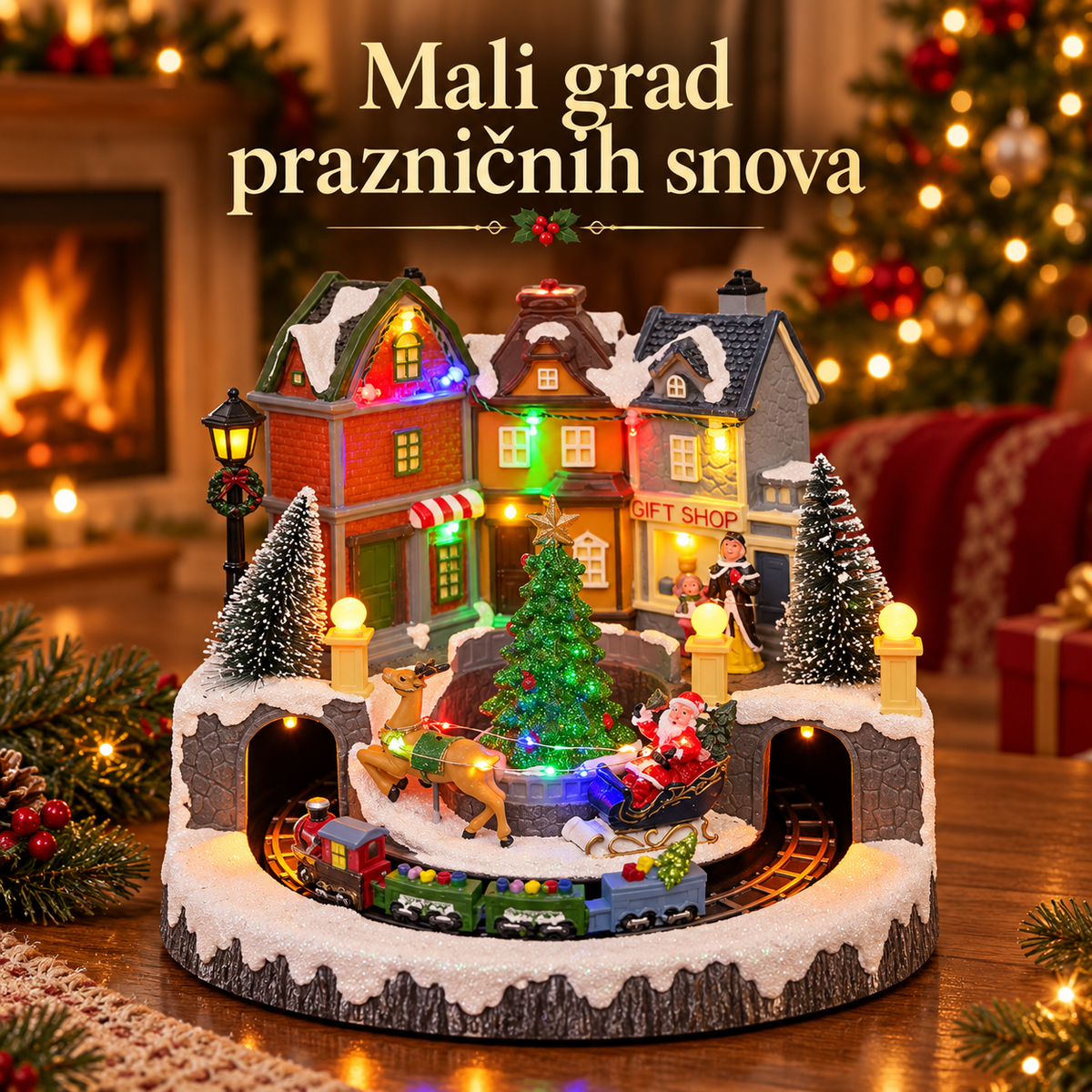 Novogodišnje selo u toplom prazničnom ambijentu uz kamin i jelku