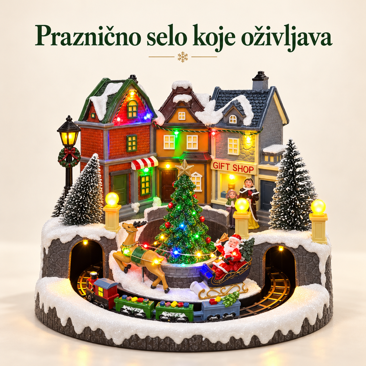 Novogodišnje LED selo sa tri kućice, jelkom i vozićem