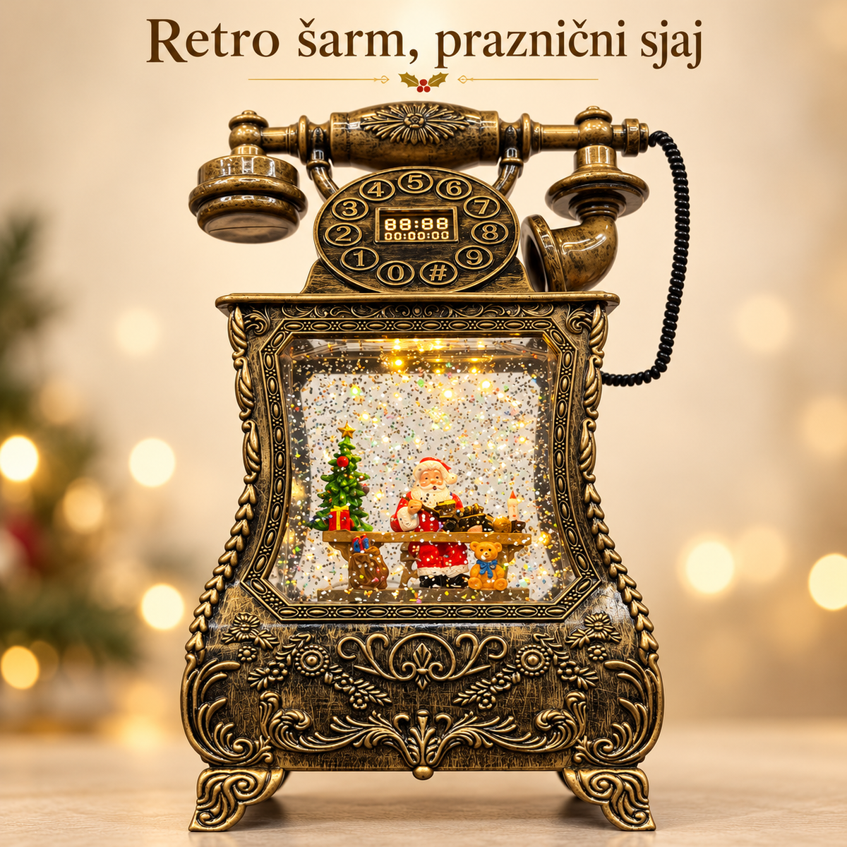 Detalji ukrasnog telefona i praznične scene sa Deda Mrazom
