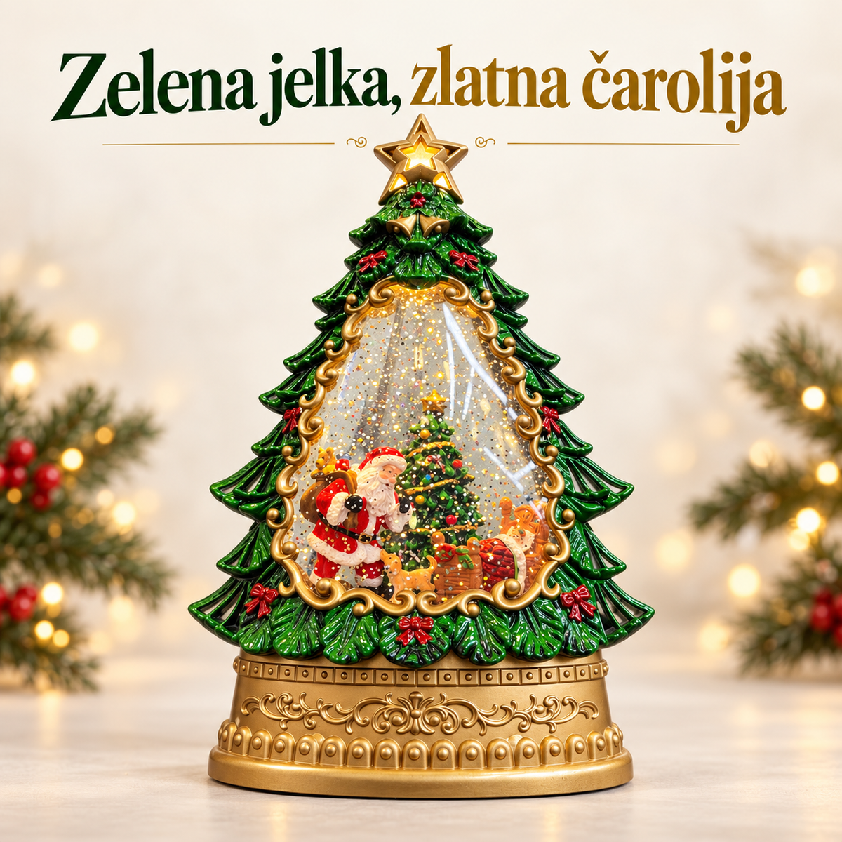 Zelena ukrasna jelka sa zlatnom zvezdom, postoljem i Deda Mrazom