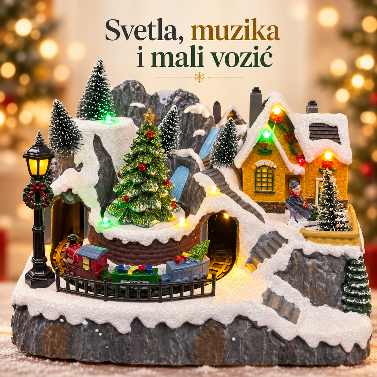 Detalji planinskog sela, ukrašene jelke i vozića između kamenih tunela