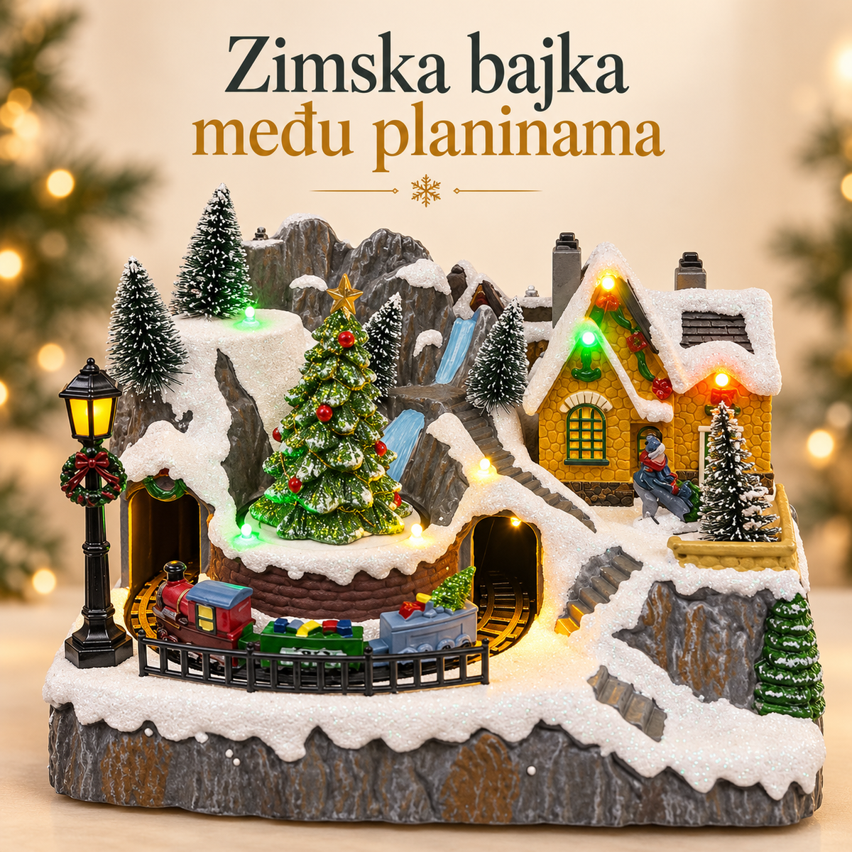 Novogodišnje LED planinsko selo sa snežnim stenama, kućicom, jelkom i vozićem