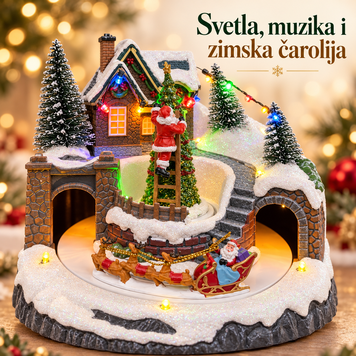 Detalji snežnog sela, Deda Mraza na merdevinama i minijaturnih sanki sa irvasima