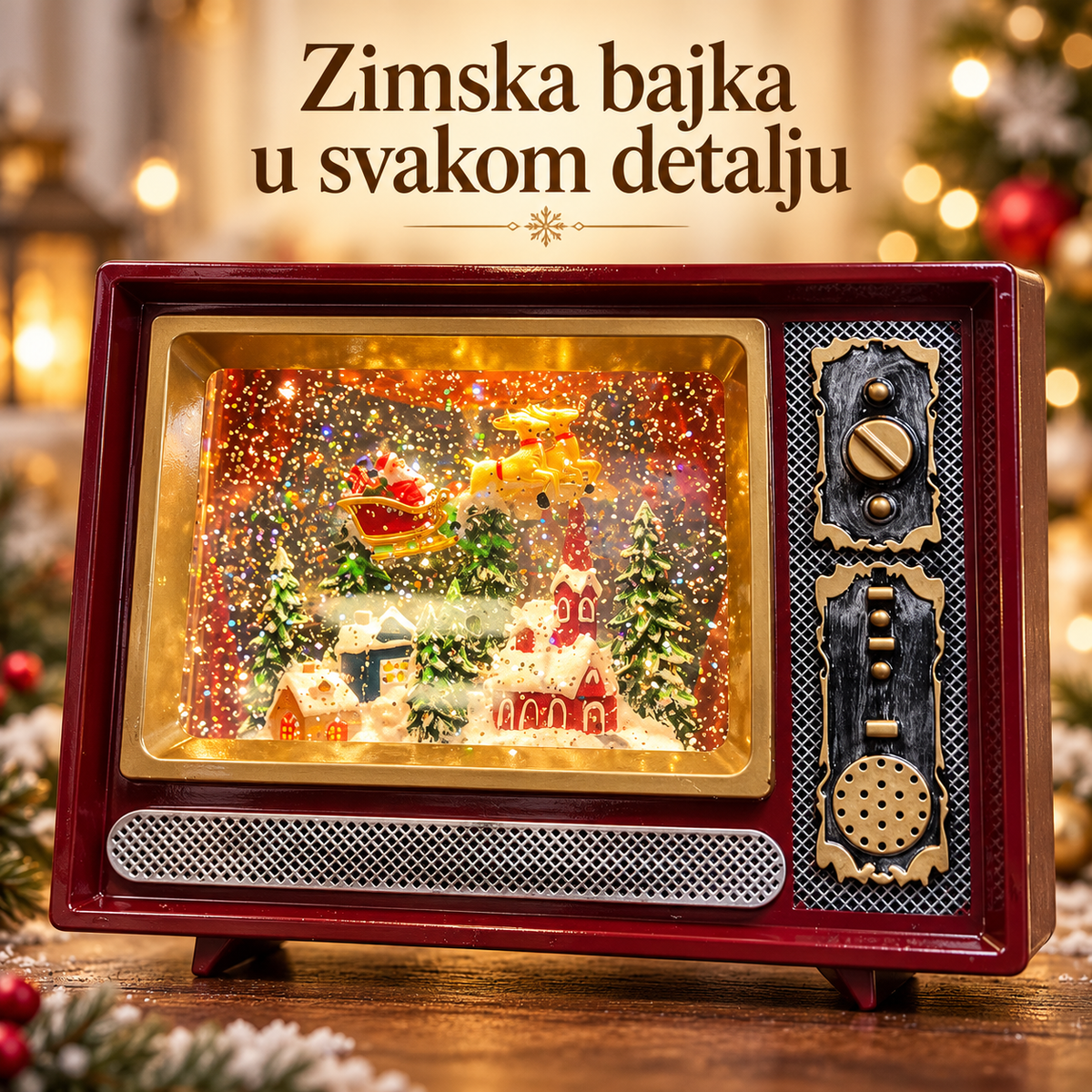 Zlatni detalji retro televizora i svetlucava novogodišnja scena iza providnog panela