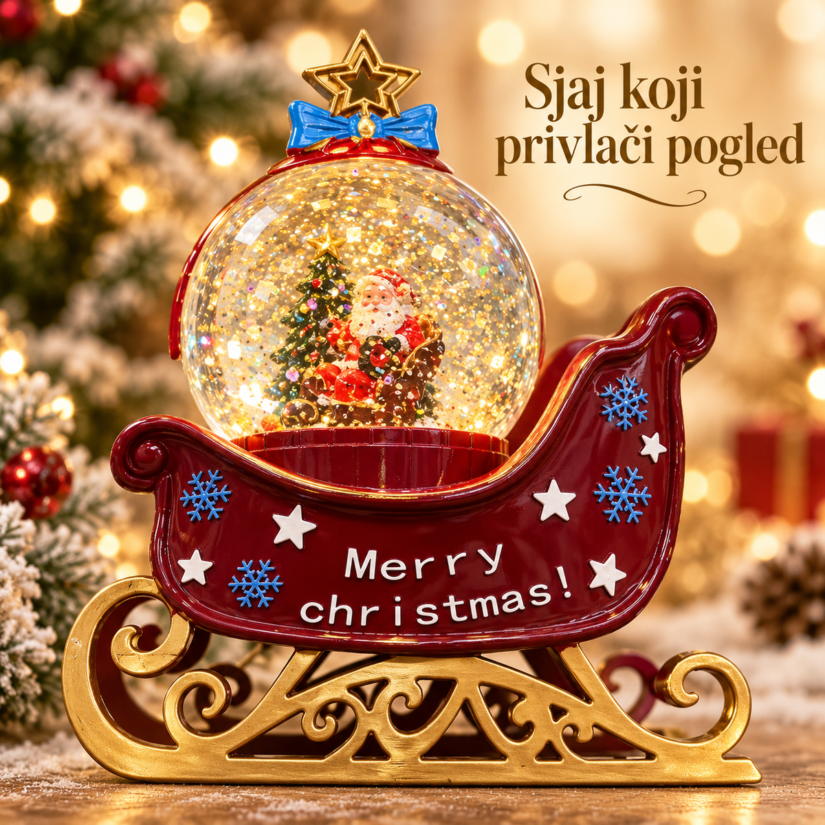 Detalji svetlucave kugle, plave mašne, zlatne zvezde i crvenih sanki
