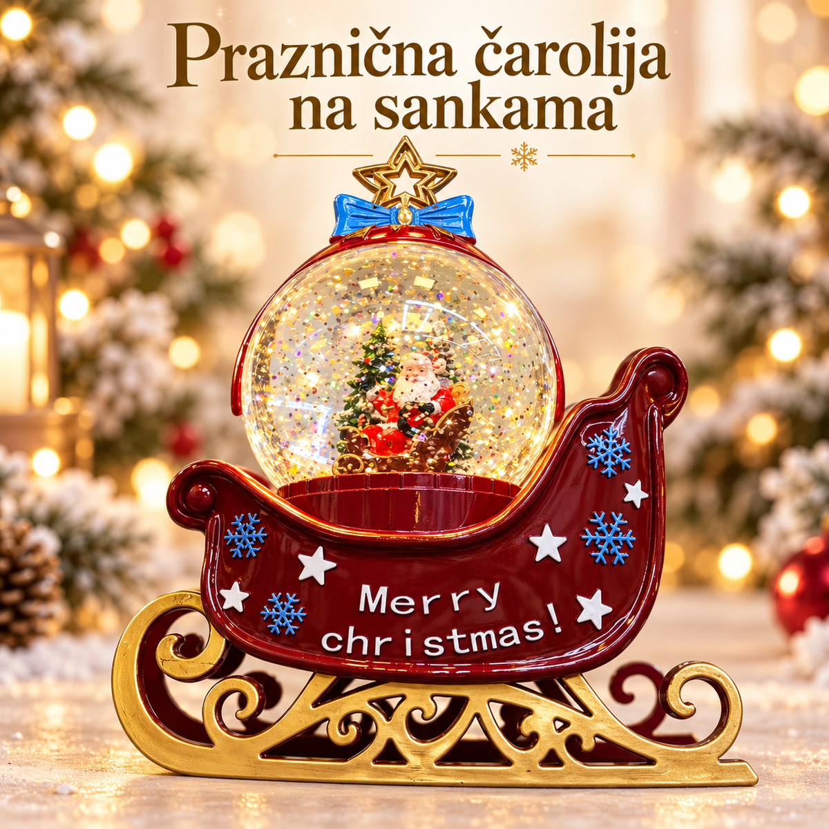 Crvene novogodišnje sanke sa zlatnim klizačima i svetlećom kuglom sa Deda Mrazom