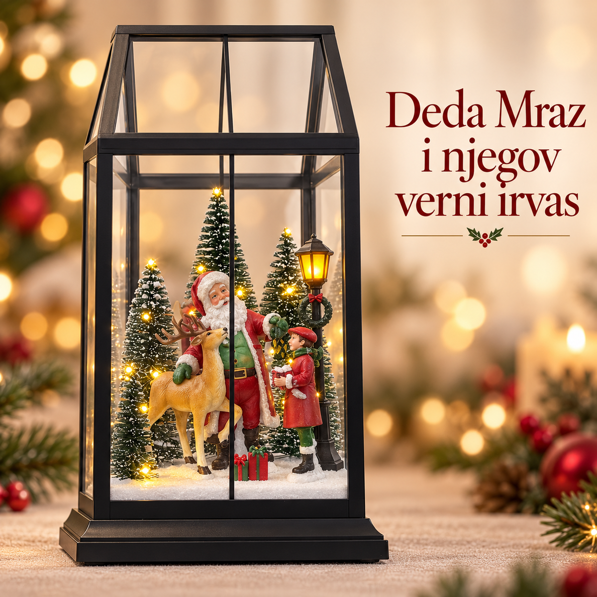 Detalji Deda Mraza, irvasa, praznične figurice i ulične lampe unutar visokog fenjera