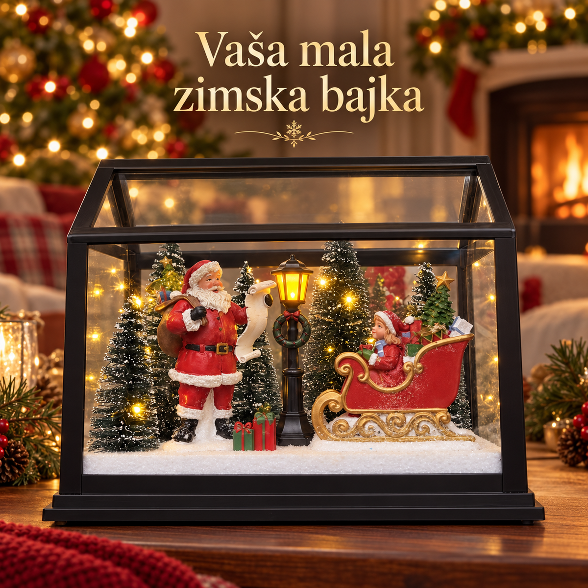Novogodišnji fenjer sa sankama u prijatnom ambijentu uz jelku i kamin