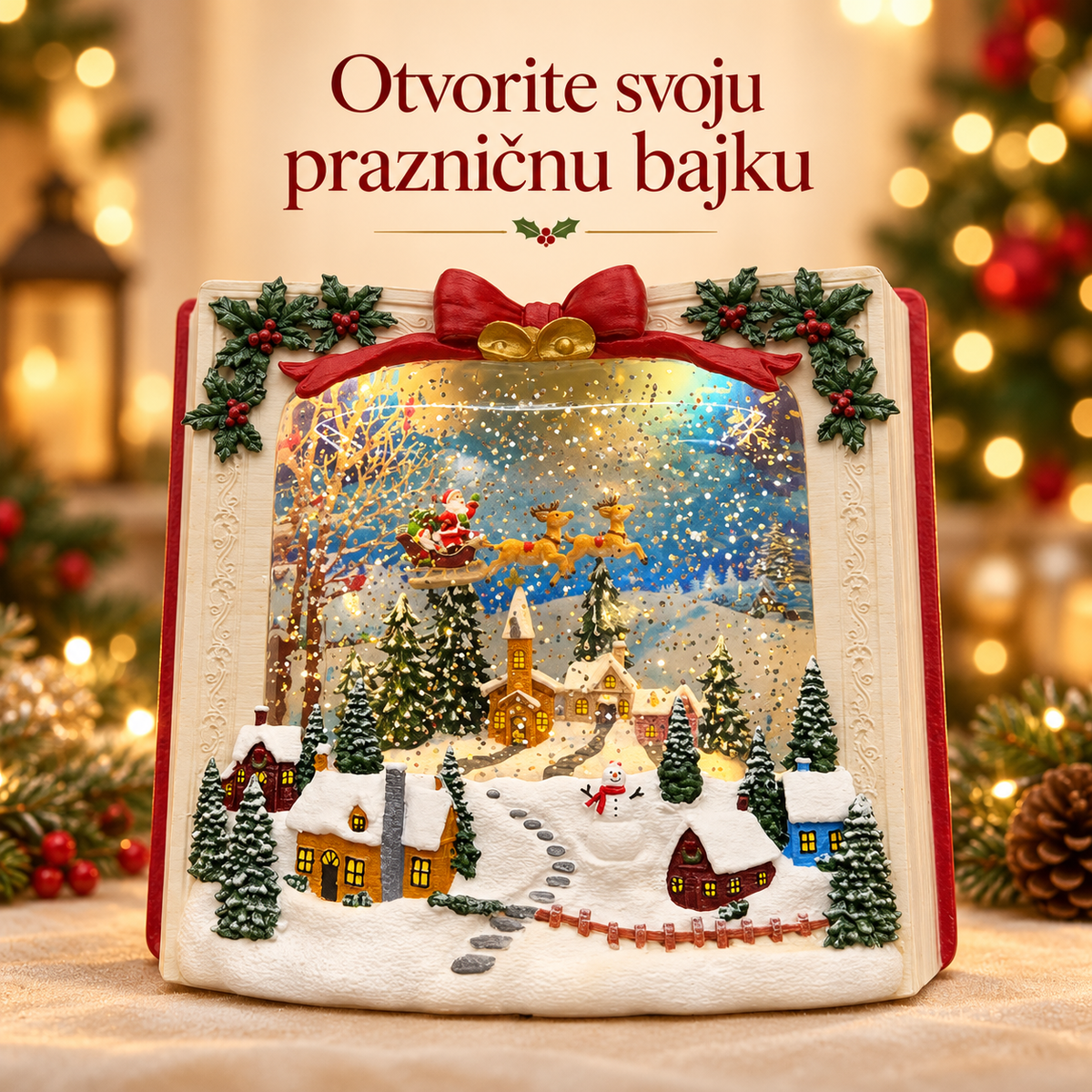 Svetleća novogodišnja dekoracija u obliku otvorene knjige sa snežnim selom