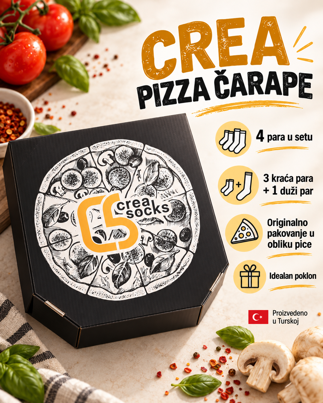 Zatvorena crna CREA Socks pizza kutija sa ilustracijom pice i prikazom sadržaja seta od četiri para čarapa