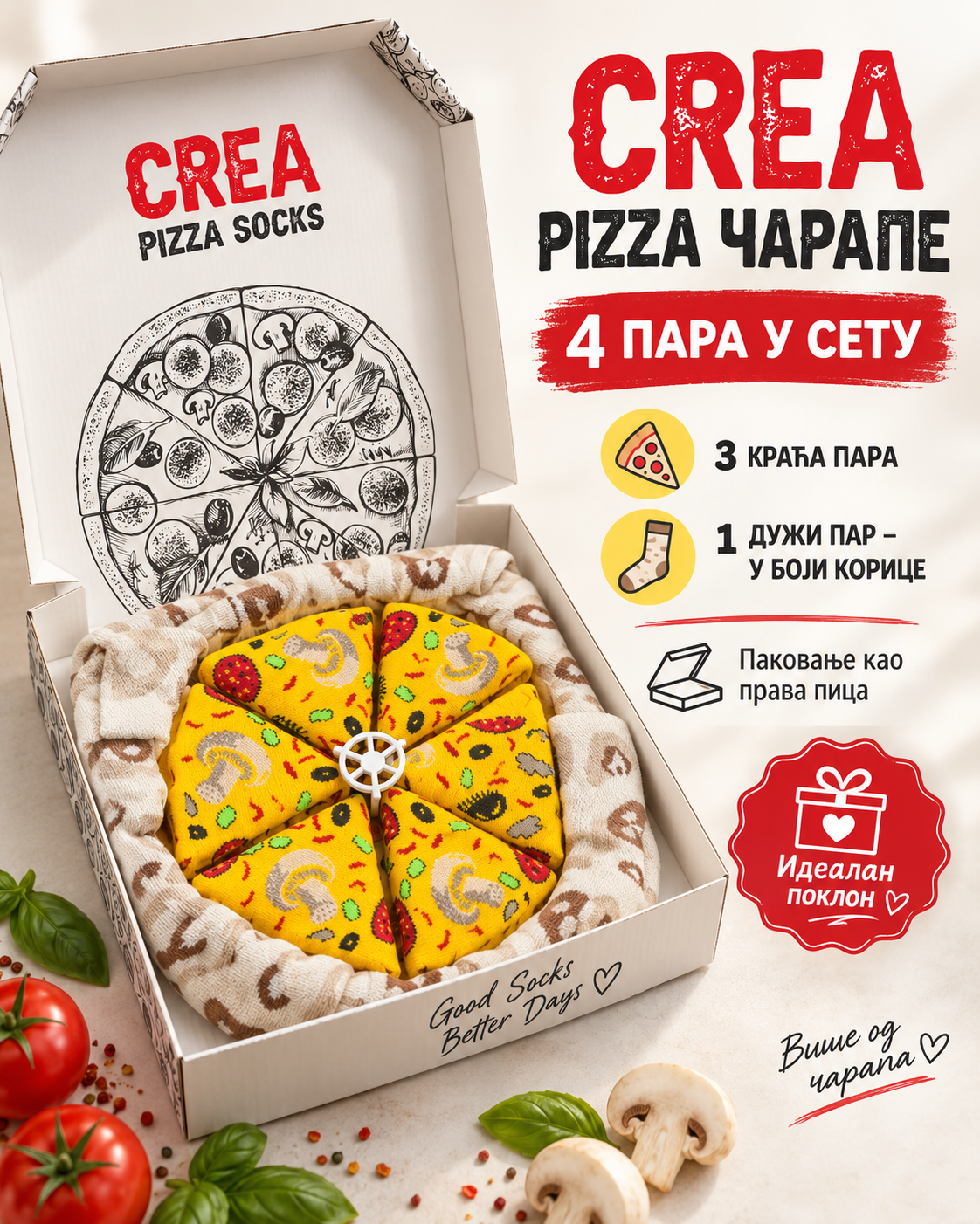 Prikaz CREA Pizza seta uz natpis četiri para: tri kraća para i jedan duži par u boji korice