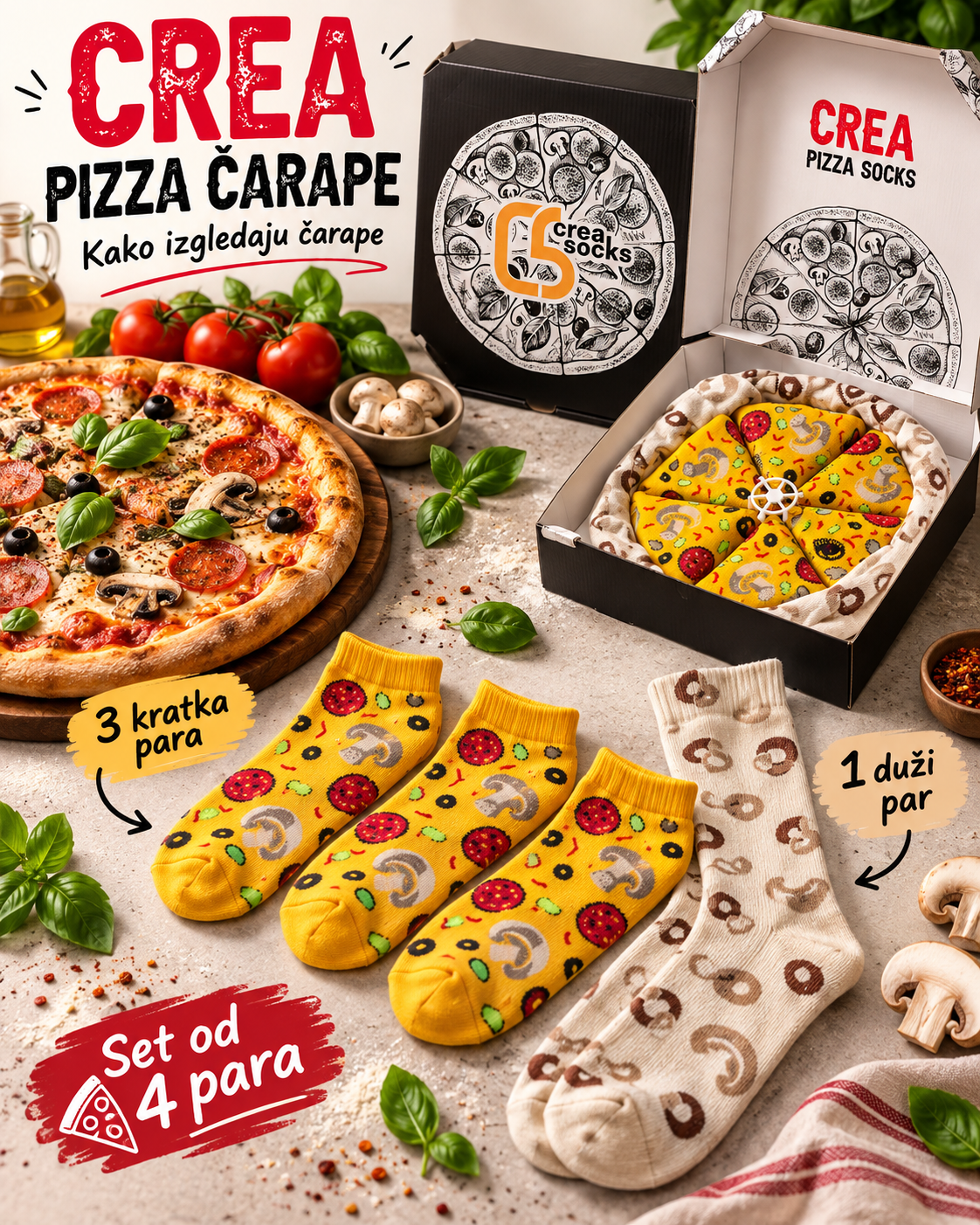 CREA Pizza set sa tri kraća žuta para čarapa i jednim dužim bež parom uz otvorenu pizza kutiju