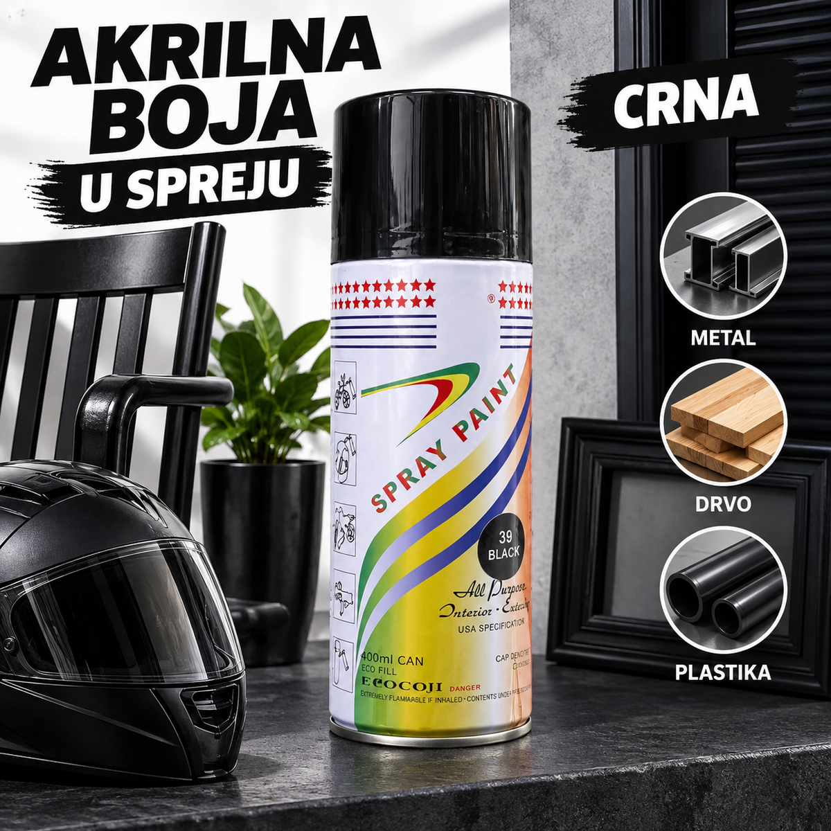 Crna akrilna boja u spreju za različite površine