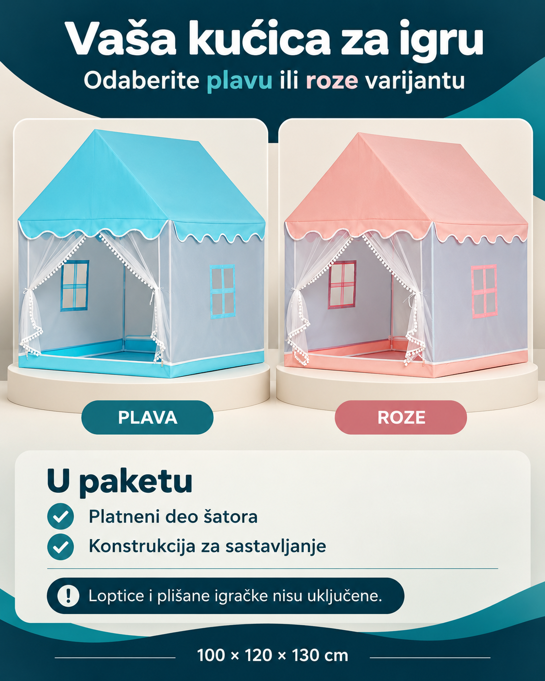 Dečiji šator Kućica — plava ili roze varijanta, platneni deo i konstrukcija u paketu; loptice i plišane igračke nisu uključene