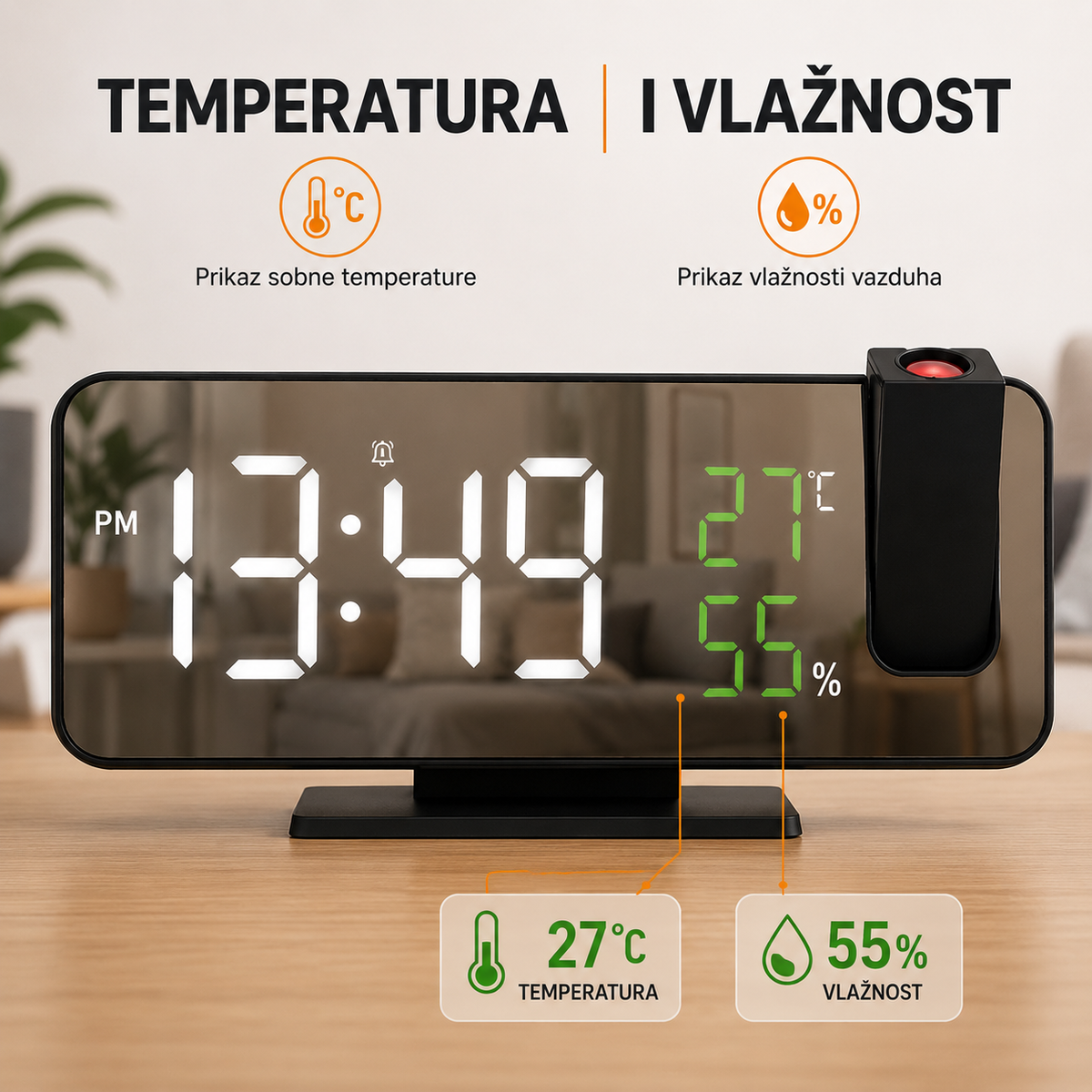 Digitalni sat sa projektorom i meračem temperature i vlažnosti