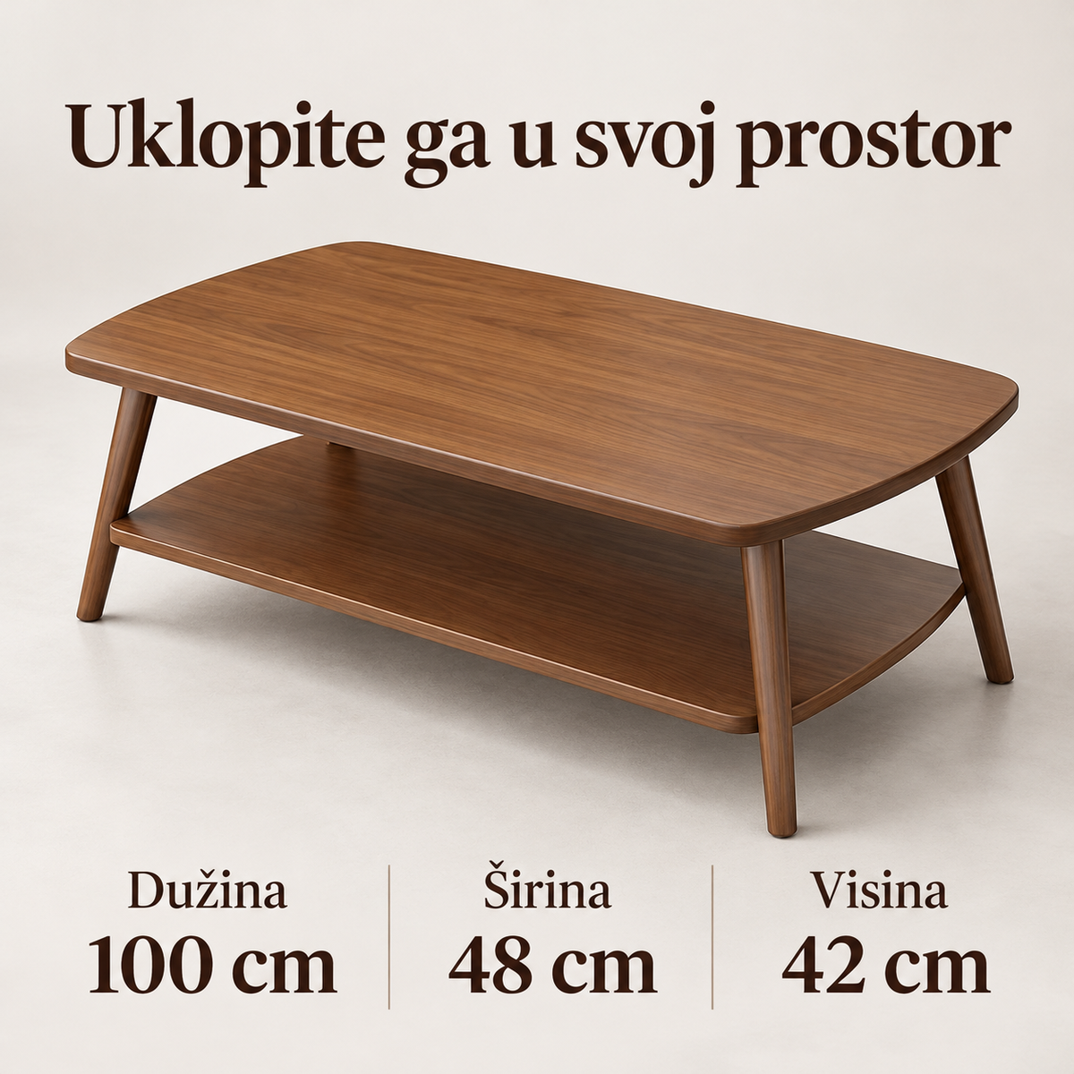 Dimenzije klub stola – dužina 100 cm, širina 48 cm, visina 42 cm