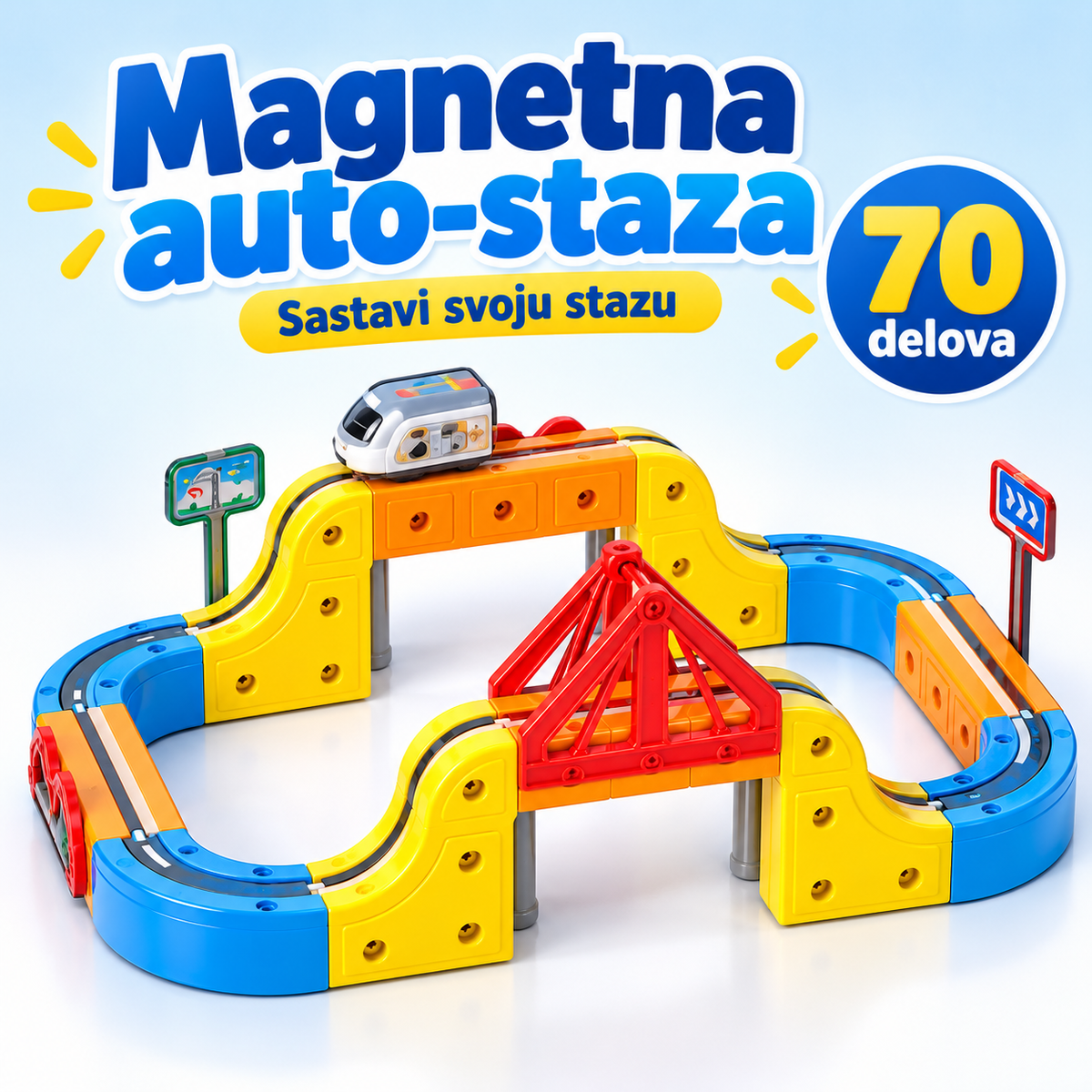 Magnetna auto-staza 6804E, set od 70 delova u plavoj, žutoj, narandžastoj i crvenoj boji.