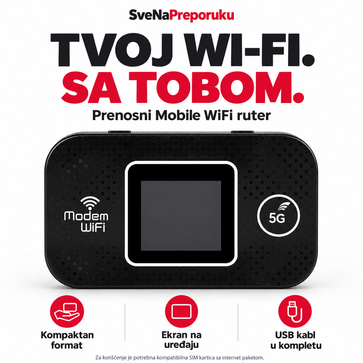 Tvoj Wi-Fi, sa tobom — prenosni Mobile WiFi ruter: kompaktan format, ekran i USB kabl u kompletu. Ilustrativno obrađena fotografija.