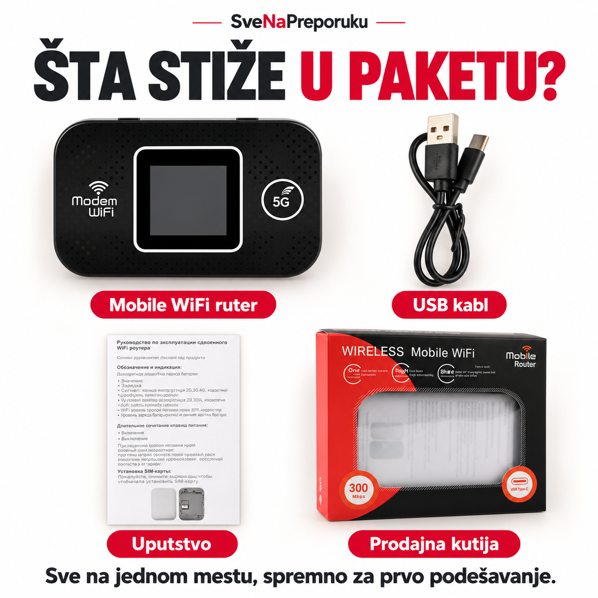 Šta stiže u paketu: Mobile WiFi ruter, USB kabl, uputstvo i prodajna kutija. Ilustrativno obrađeno prema dostavljenoj fotografiji.