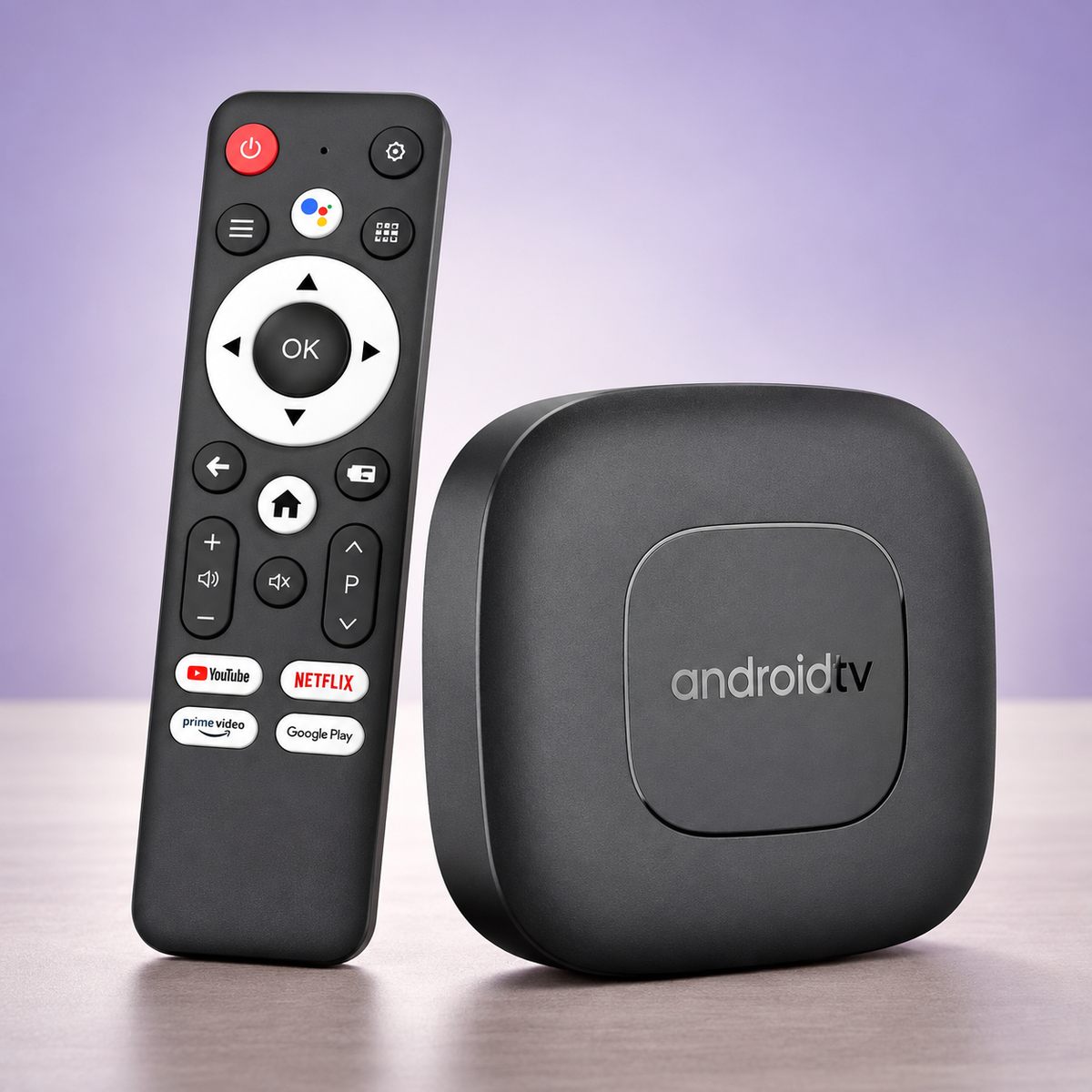 Mortal T1 TV Box sa daljinskim upravljačem na svetloljubičastoj pozadini