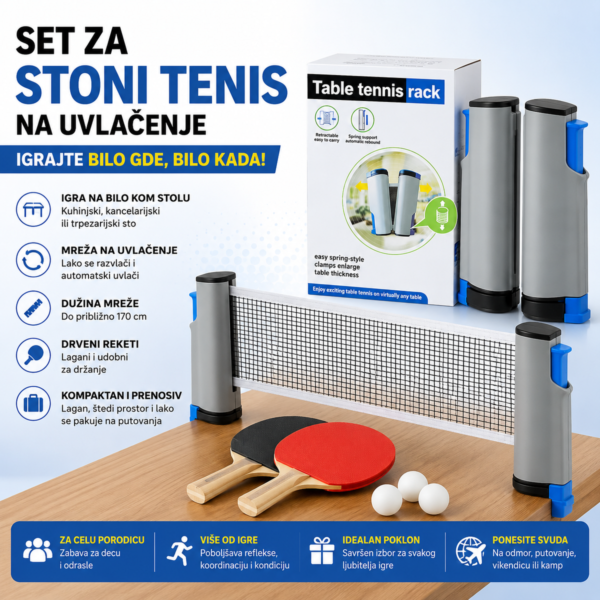 Mreža za stoni tenis + 2 Reketa i loptice