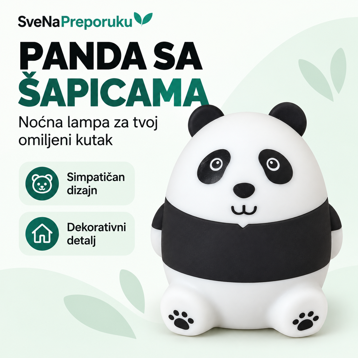 Panda sa šapicama — crno-bela noćna lampa, simpatičan dizajn i dekorativni detalj.