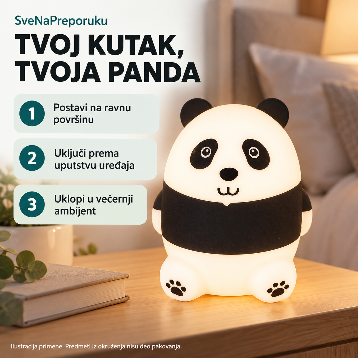 Panda noćna lampa u ambijentu sa tri koraka za korišćenje; predmeti iz okruženja nisu deo pakovanja.
