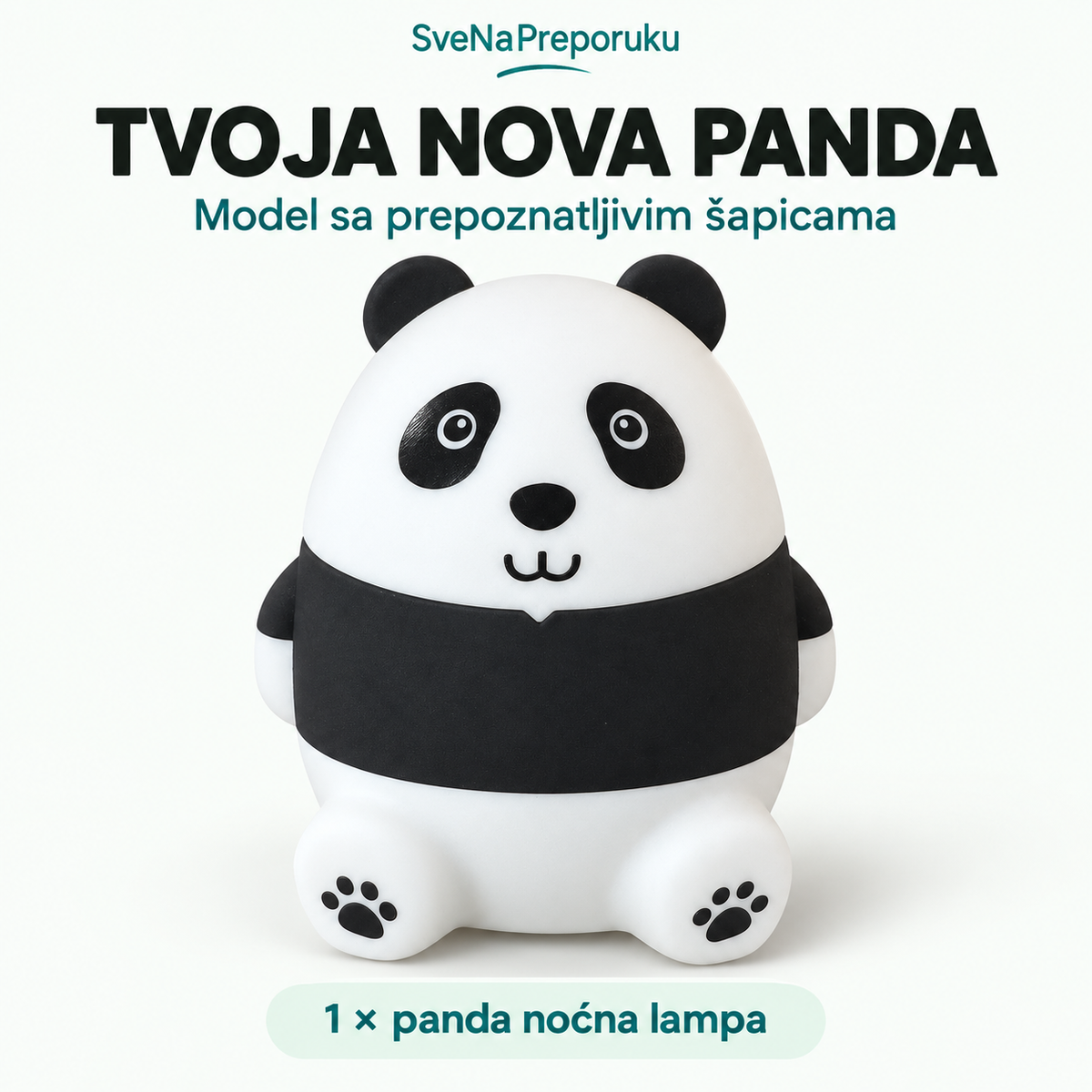 Jedna panda noćna lampa sa belim stopalima i crnim motivima šapica.