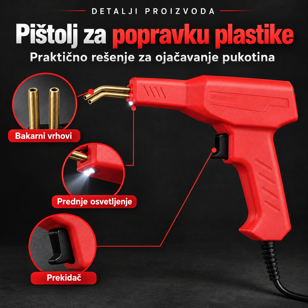 Pištolj za lemljenje plastike – prikaz bakarnih vrhova, prednjeg osvetljenja i prekidača.