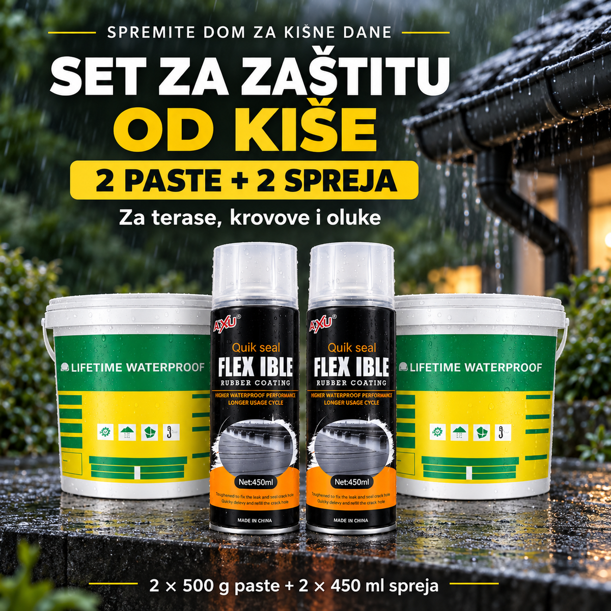 Set za zaštitu od kiše za terase, krovove i oluke – dve paste od 500 g i dva vodootporna spreja od 450 ml.