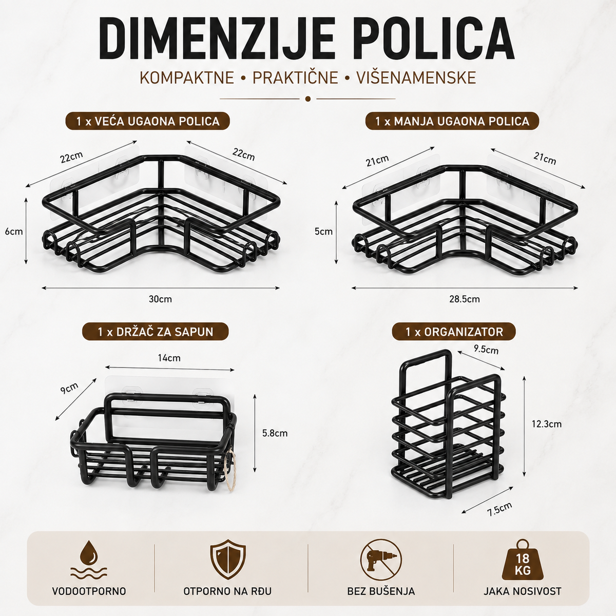 Set zidnih polica za kupatilo i kuhinju