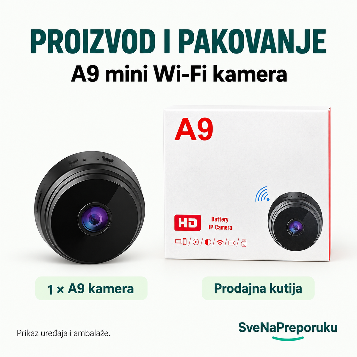 A9 mini Wi-Fi kamera — proizvod i pakovanje